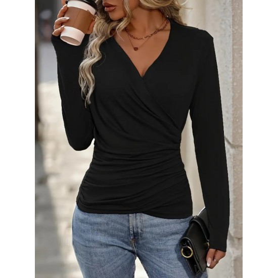 Kadın Uzun Kollu Kruvaze Yaka Yanlardan Büzgülü Viskon Bluz, 30569