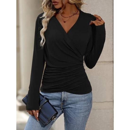 Kadın Uzun Kollu Kruvaze Yaka Yanlardan Büzgülü Viskon Bluz, 30569
