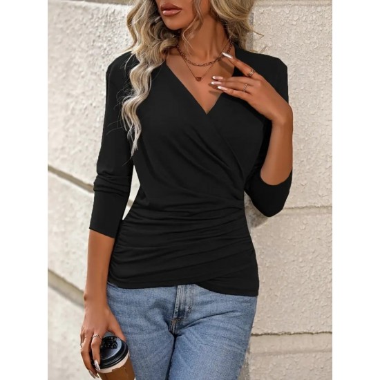 Kadın Uzun Kollu Kruvaze Yaka Yanlardan Büzgülü Viskon Bluz, 30569
