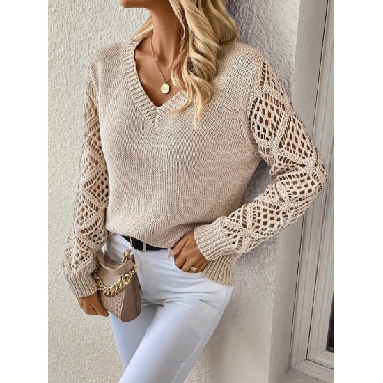 Kadın Uzun Kollu V Yaka Kol Delikli Baklava Desen Detaylı Triko Kazak , 29800