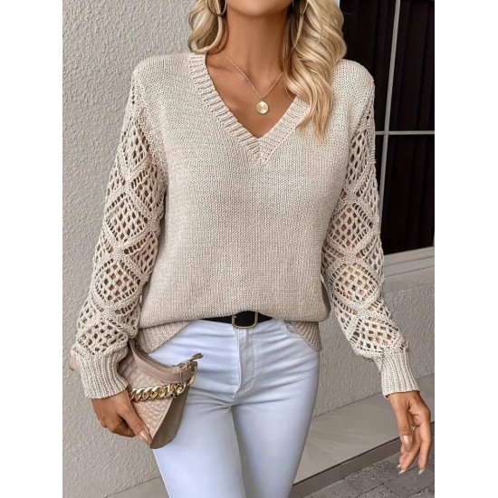 Kadın Uzun Kollu V Yaka Kol Delikli Baklava Desen Detaylı Triko Kazak , 29800