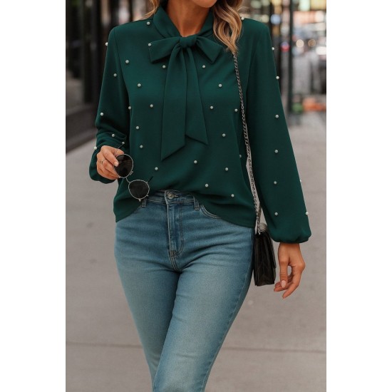 Kadın Uzun Kollu Yakadan Fiyonklu Incili Ithal Krep Bluz, 29390