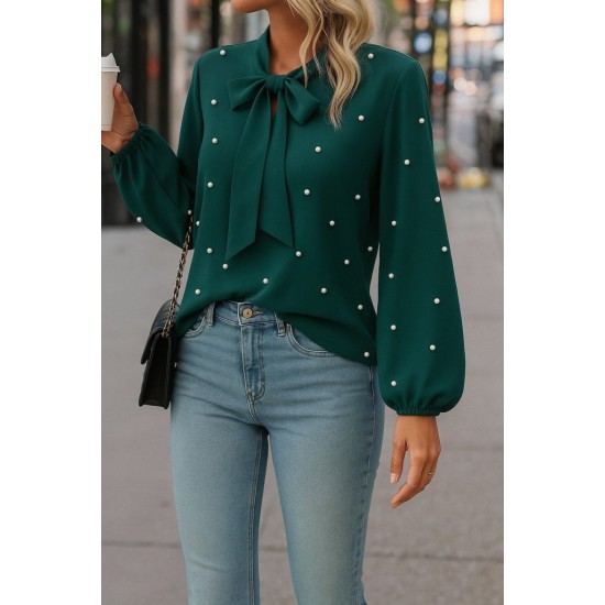 Kadın Uzun Kollu Yakadan Fiyonklu Incili Ithal Krep Bluz, 29390