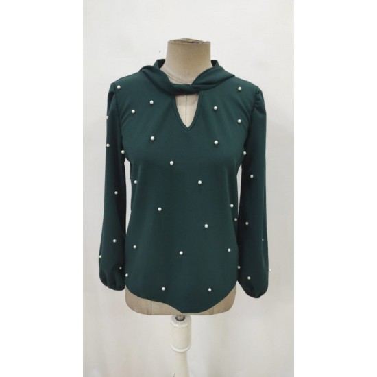 Kadın Uzun Kollu Yakadan Fiyonklu Incili Ithal Krep Bluz, 29390