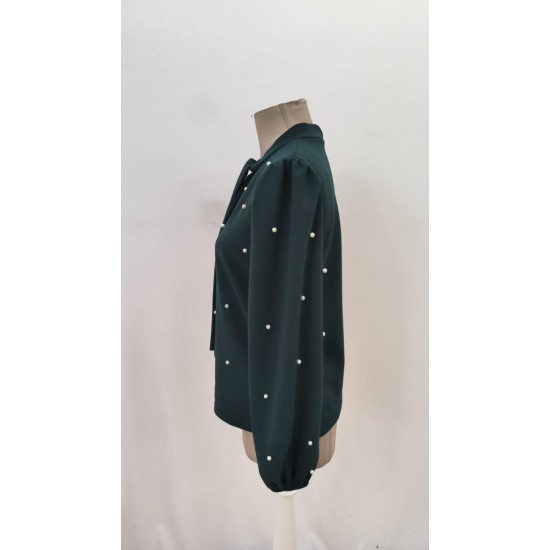 Kadın Uzun Kollu Yakadan Fiyonklu Incili Ithal Krep Bluz, 29390