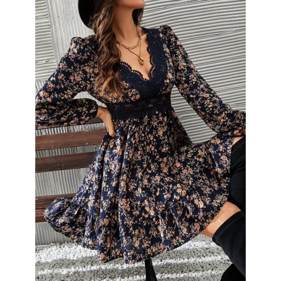 Kadın Uzun Kollu Dantel V Yakalı Mini Desenli Süprem Elbise, 30579