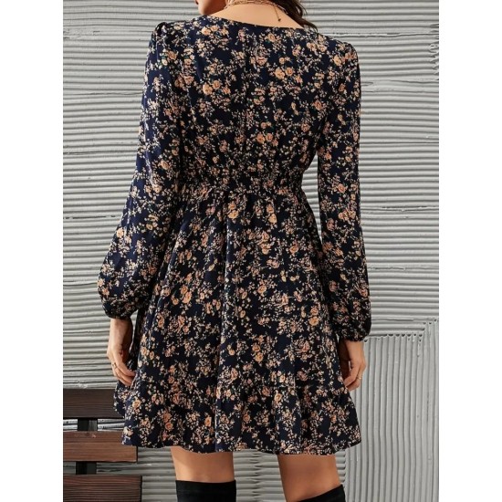 Kadın Uzun Kollu Dantel V Yakalı Mini Desenli Süprem Elbise, 30579