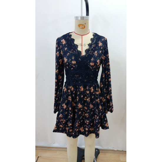 Kadın Uzun Kollu Dantel V Yakalı Mini Desenli Süprem Elbise, 30579