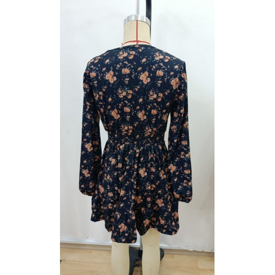 Kadın Uzun Kollu Dantel V Yakalı Mini Desenli Süprem Elbise, 30579