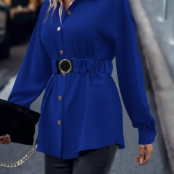 Kadın Uzun Kollu Yakalı önden Düğmeli Belden Kemerli Ithal Krep Bluz , 30582