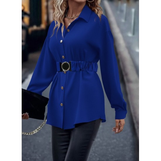 Kadın Uzun Kollu Yakalı önden Düğmeli Belden Kemerli Ithal Krep Bluz , 30582