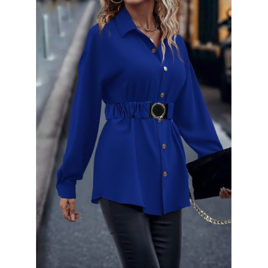 Kadın Uzun Kollu Yakalı önden Düğmeli Belden Kemerli Ithal Krep Bluz , 30582