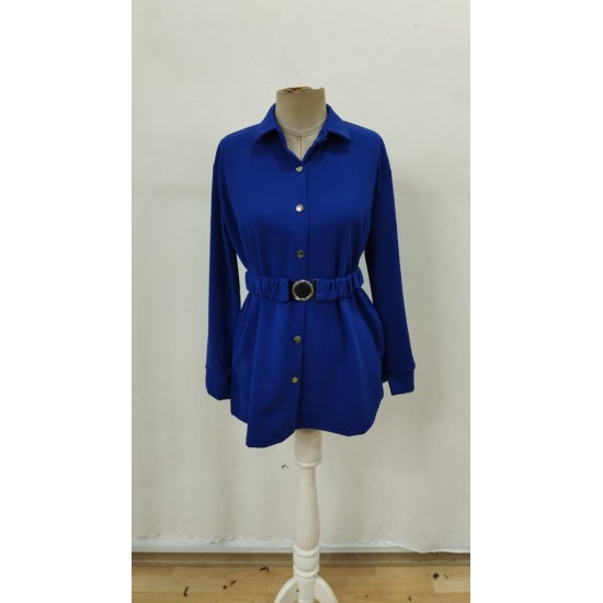 Kadın Uzun Kollu Yakalı önden Düğmeli Belden Kemerli Ithal Krep Bluz , 30582