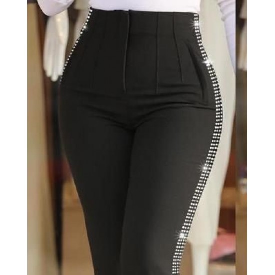 Kadın Yüksek Bel Yanlardan Taş Detaylı Ithal Krep Pantolon , 30586