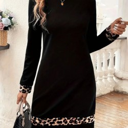 Kadın Uzun Kollu Bisiklet Yaka şerit Leopar Desenli Kısa Dalgıç Elbise , 30585