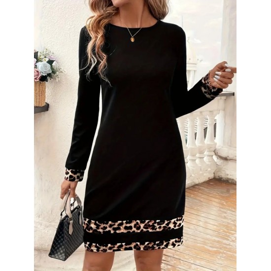 Kadın Uzun Kollu Bisiklet Yaka şerit Leopar Desenli Kısa Dalgıç Elbise , 30585