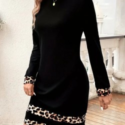 Kadın Uzun Kollu Bisiklet Yaka şerit Leopar Desenli Kısa Dalgıç Elbise , 30585 Kadın Uzun Kollu Bisiklet Yaka şerit Leopar Desenli Kısa Dalgıç Elbise , 30585