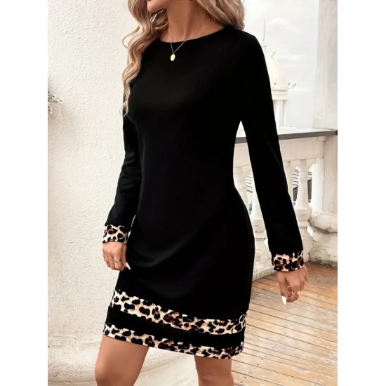 Kadın Uzun Kollu Bisiklet Yaka şerit Leopar Desenli Kısa Dalgıç Elbise , 30585
