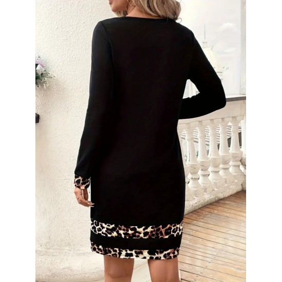 Kadın Uzun Kollu Bisiklet Yaka şerit Leopar Desenli Kısa Dalgıç Elbise , 30585