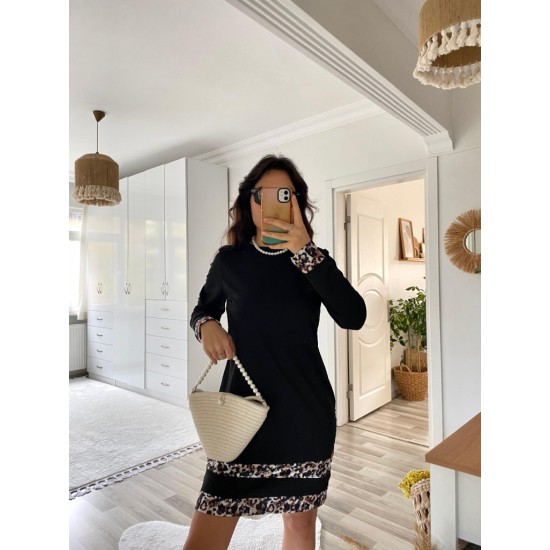 Kadın Uzun Kollu Bisiklet Yaka şerit Leopar Desenli Kısa Dalgıç Elbise , 30585