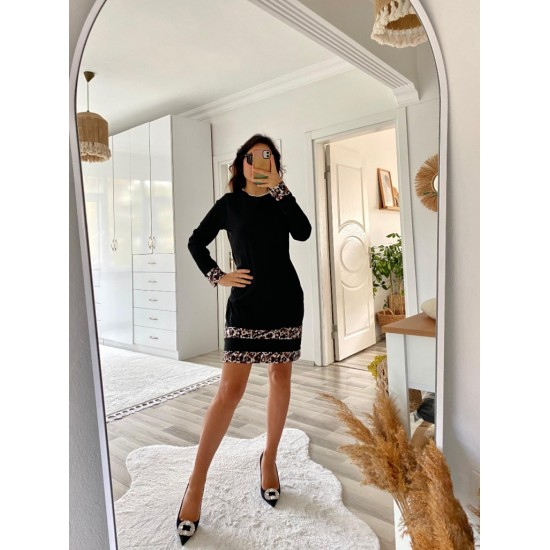 Kadın Uzun Kollu Bisiklet Yaka şerit Leopar Desenli Kısa Dalgıç Elbise , 30585