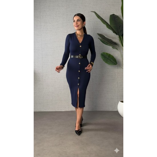 Kadın Uzun Kollu V Yakalı önden Düğmeli Yırtmaçlı Modal Midi Kemersiz Elbise, 30584