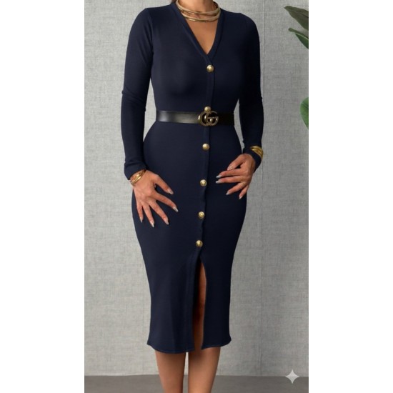 Kadın Uzun Kollu V Yakalı önden Düğmeli Yırtmaçlı Modal Midi Kemersiz Elbise, 30584