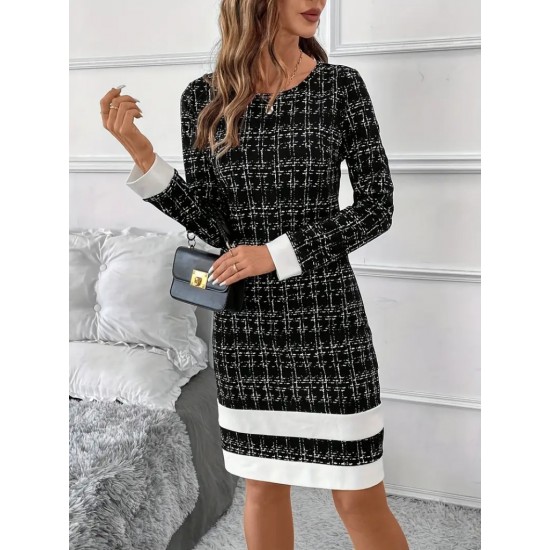 Kadın Uzun Kollu Yuvarlak Yaka Etek Ucu şerit Detaylı Kısa Dokuma Elbise, 30001