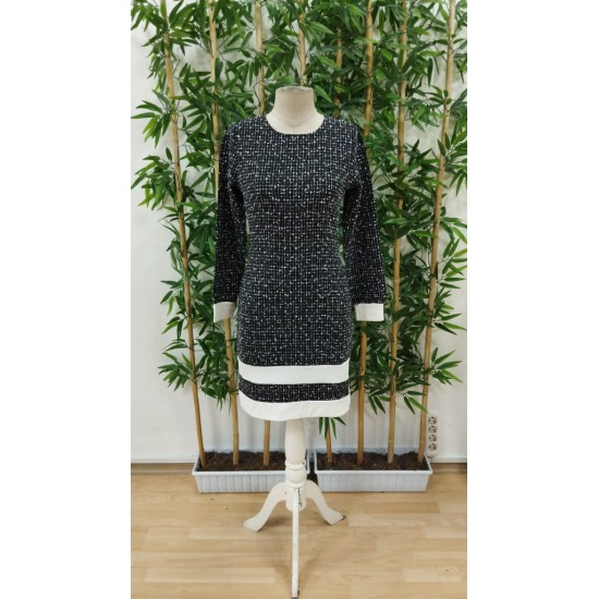 Kadın Uzun Kollu Yuvarlak Yaka Etek Ucu şerit Detaylı Kısa Dokuma Elbise, 30001