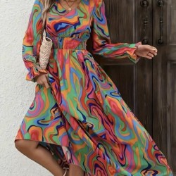 Kadın Uzun Kollu V Yakalı Desenli Maxi Süprem Elbise, 30590