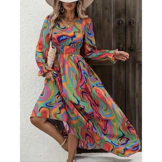 Kadın Uzun Kollu V Yakalı Desenli Maxi Süprem Elbise, 30590