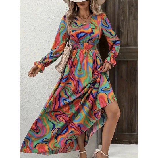 Kadın Uzun Kollu V Yakalı Desenli Maxi Süprem Elbise, 30590