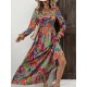 Kadın Uzun Kollu V Yakalı Desenli Maxi Süprem Elbise, 30590