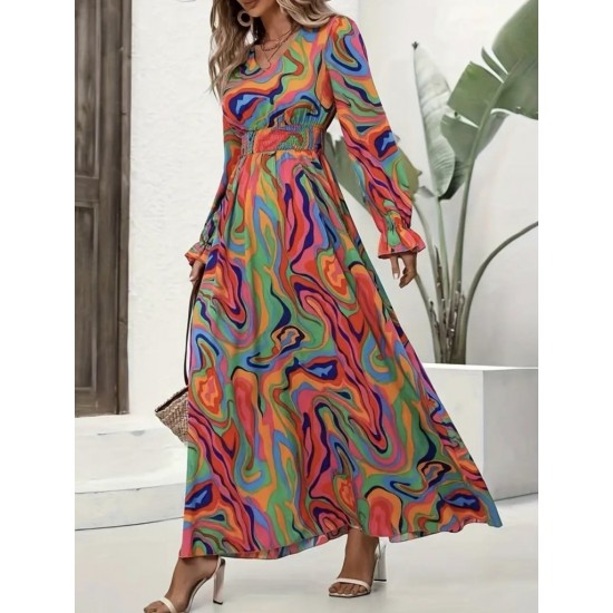 Kadın Uzun Kollu V Yakalı Desenli Maxi Süprem Elbise, 30590