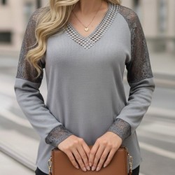 Kadın Uzun Kollu V Yakalı Dantelli Waffle Bluz, 30587