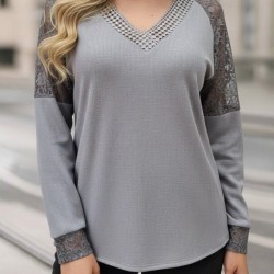 Kadın Uzun Kollu V Yakalı Dantelli Waffle Bluz, 30587