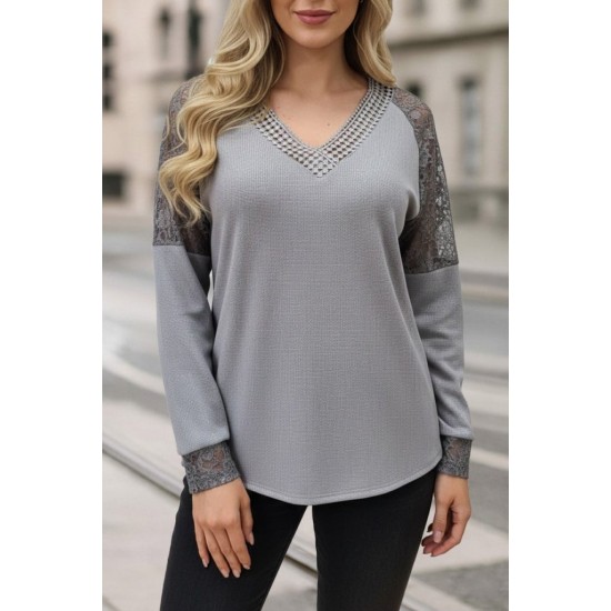 Kadın Uzun Kollu V Yakalı Dantelli Waffle Bluz, 30587