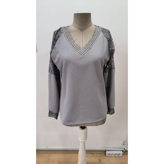 Kadın Uzun Kollu V Yakalı Dantelli Waffle Bluz, 30587