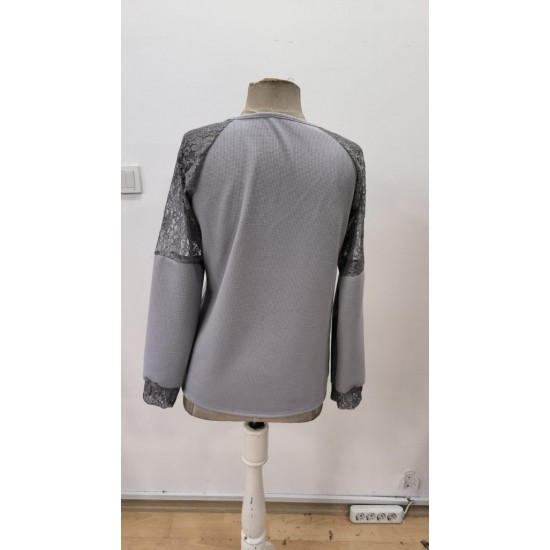 Kadın Uzun Kollu V Yakalı Dantelli Waffle Bluz, 30587