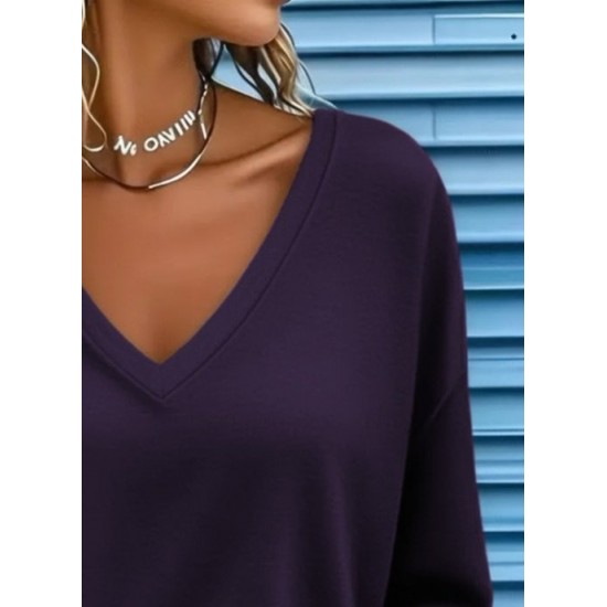 Kadın Uzun Kollu V Yakalı Viskon Modal Mürdüm Bluz, 29973