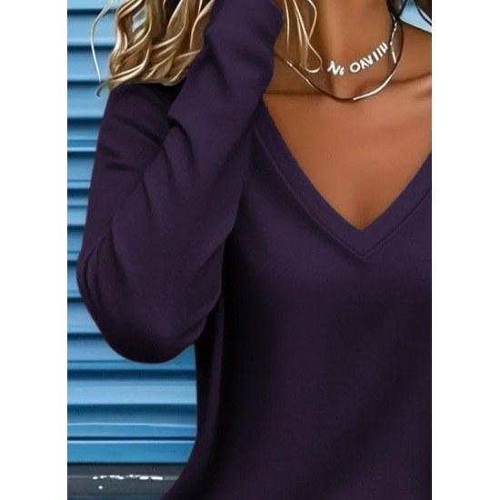 Kadın Uzun Kollu V Yakalı Viskon Modal Mürdüm Bluz, 29973