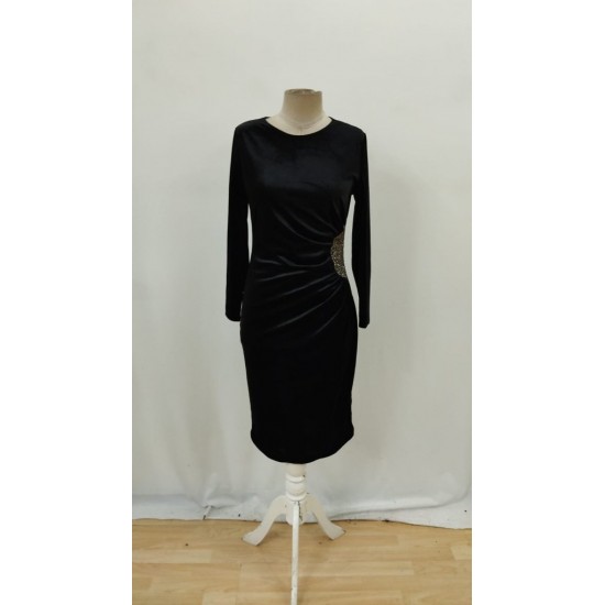 Kadın Uzun Kollu Bot Yaka Yanı Taş Detaylı Midi Kadife Elbise , 29783