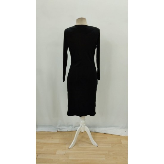 Kadın Uzun Kollu Bot Yaka Yanı Taş Detaylı Midi Kadife Elbise , 29783