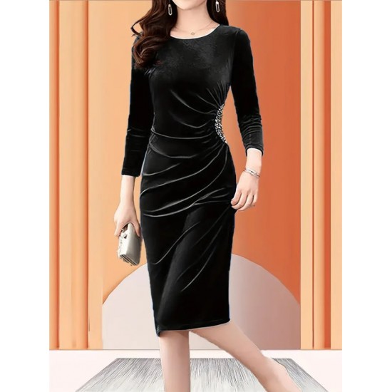 Kadın Uzun Kollu Bot Yaka Yanı Taş Detaylı Midi Kadife Elbise , 29783