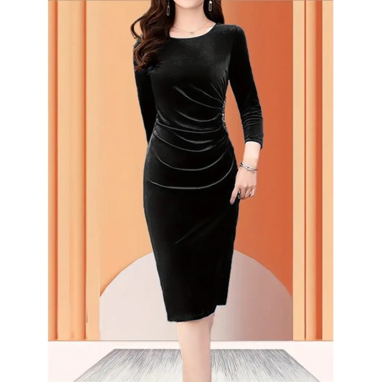 Kadın Uzun Kollu Bot Yaka Yanı Taş Detaylı Midi Kadife Elbise , 29783