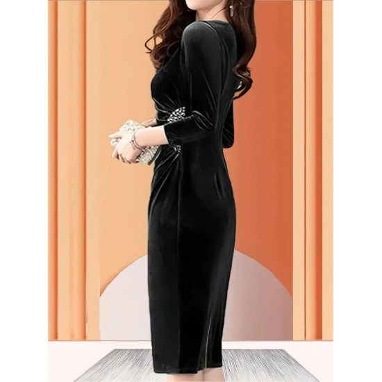 Kadın Uzun Kollu Bot Yaka Yanı Taş Detaylı Midi Kadife Elbise , 29783