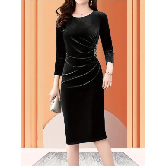 Kadın Uzun Kollu Bot Yaka Yanı Taş Detaylı Midi Kadife Elbise , 29783