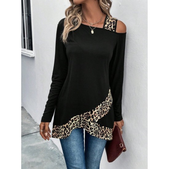 Kadın Tek O Uzdan Açık Askılı Uzun Kollu Leopar Detaylı Viskon Bluz, 30593