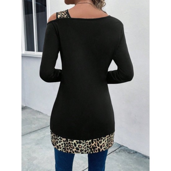 Kadın Tek O Uzdan Açık Askılı Uzun Kollu Leopar Detaylı Viskon Bluz, 30593