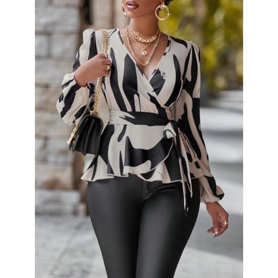 Kadın Uzun Kollu Kruvaze Yakalı Yandan Bağlamalı Kısa Beli Kuşaklı Modal Bluz, 30592